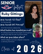 West Central High School Senior Spotlight for Ruby Gittings, Class of 2026. The graphic features Ruby in a black jacket against a wood-paneled background, paired with a photo of her as a young girl in a pink top. Text highlights her interest in A&P and li